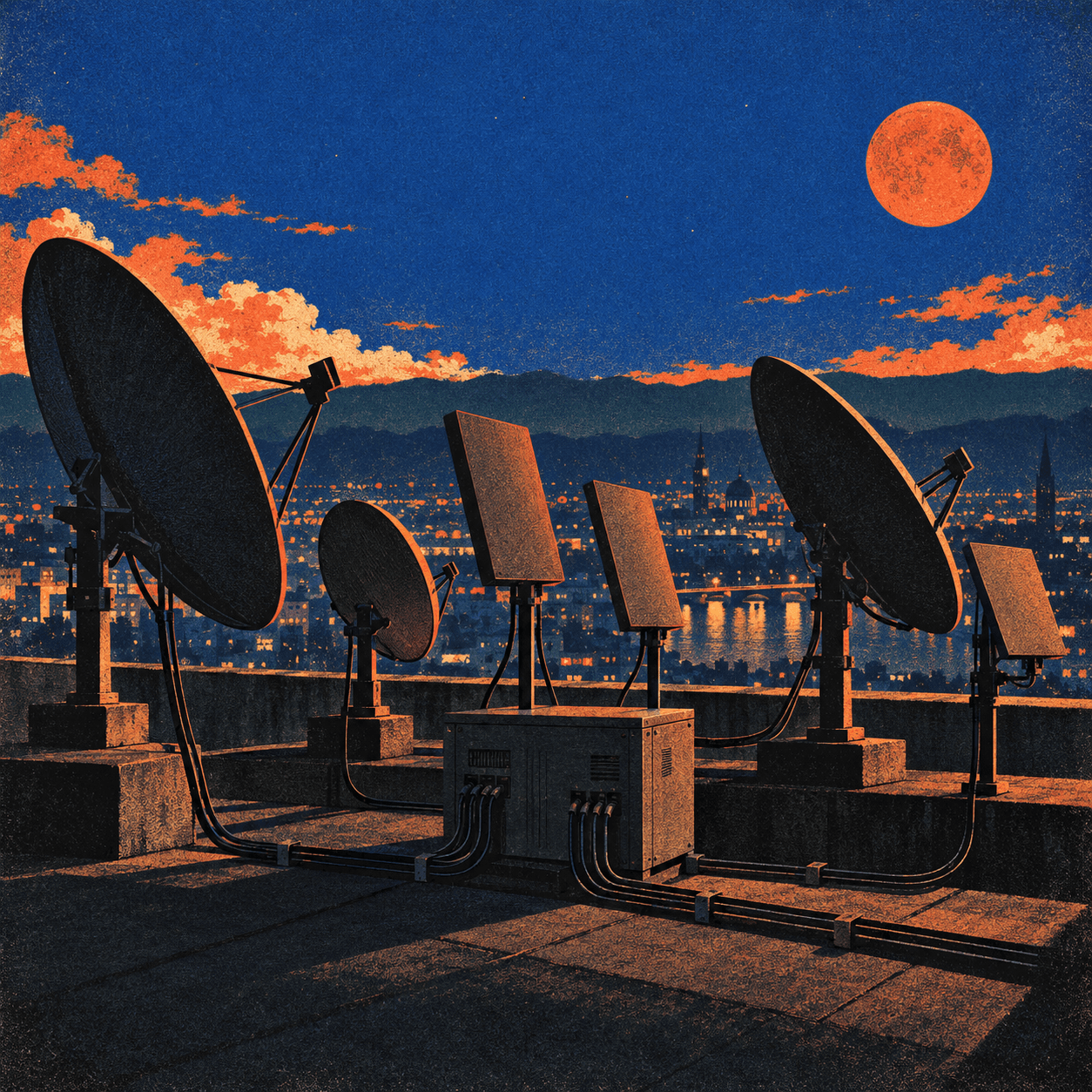 A rooftop array of satellite dishes pointed out over a city at dusk
