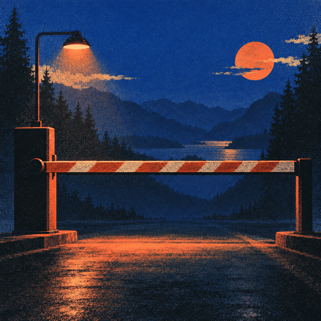 A lowered barrier across a road, a lamp and a rising moon beyond it