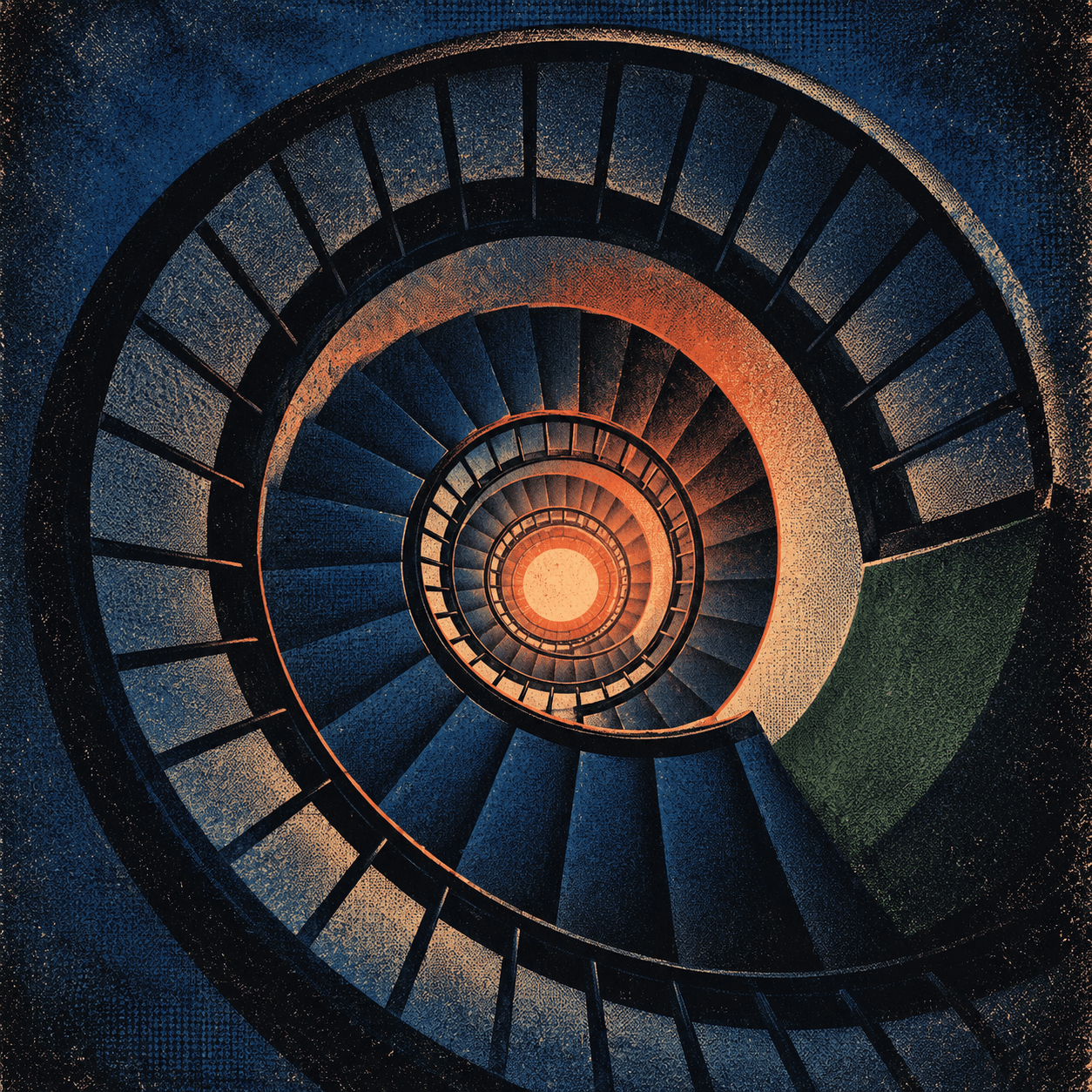 A spiral staircase photographed from above, winding down toward a lit centre