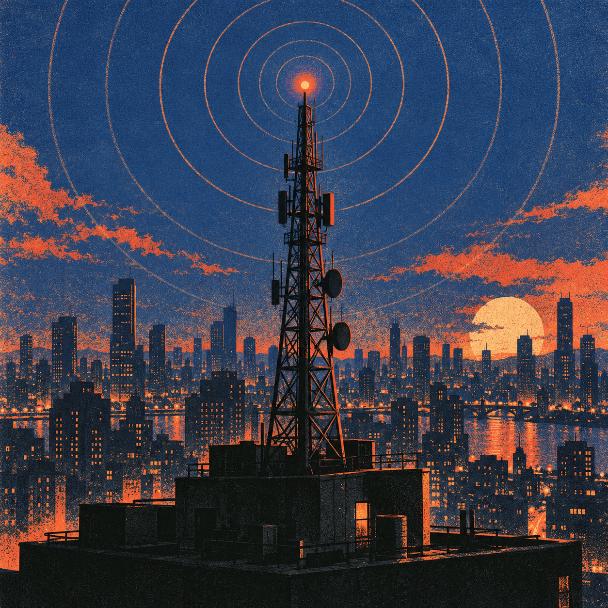 A broadcast tower on a rooftop, rings radiating out over a city skyline