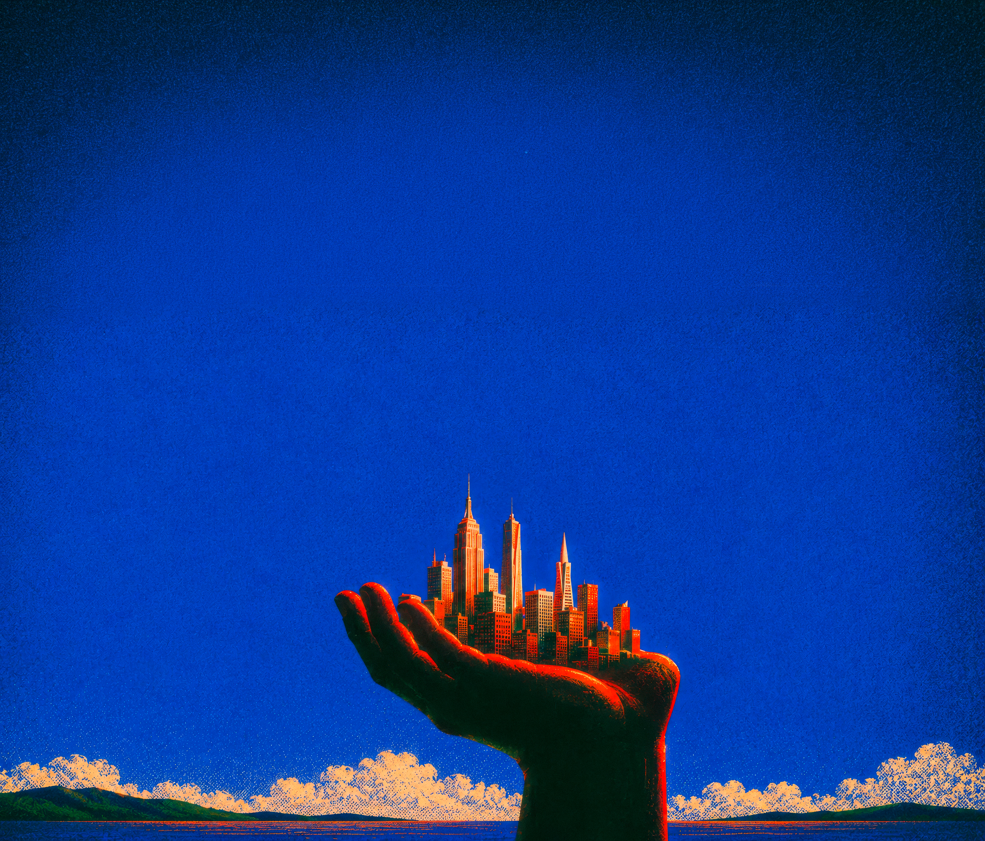 A giant hand rising from the horizon, holding a city of skyscrapers against a deep blue sky