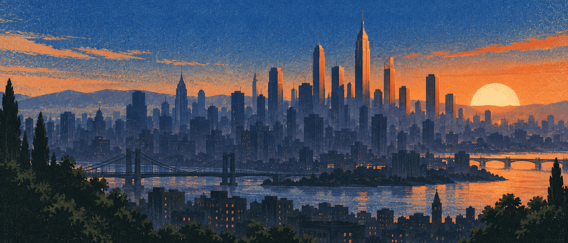 Several city skylines layered against a dusk sky
